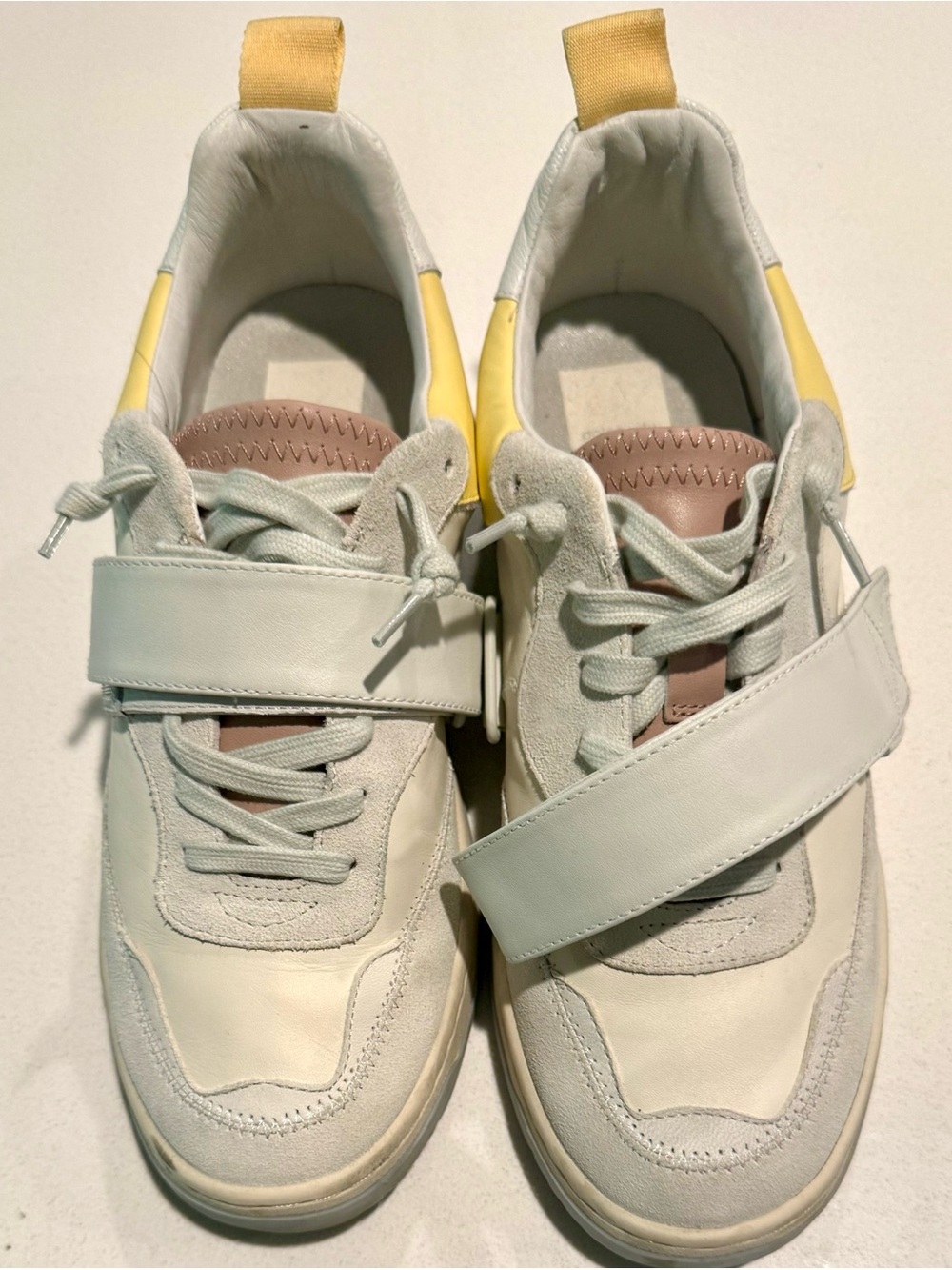 Dolce Vita White Sneakers with Yellow Heel Accent and Taupe Tongue